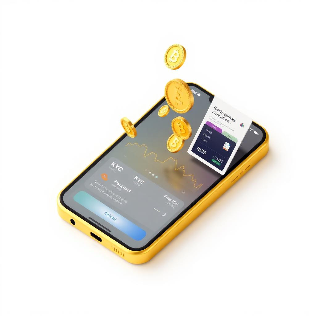Golden smartphone with KYC verification cards and crypto coins representing the account handover